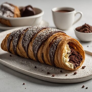 A delicious "Corneto de chocolate" (chocolate cornetto) placed on a pure white background. The pastry is golden brown, flaky, and slightly crispy, with a rich chocolate filling visible at the open end