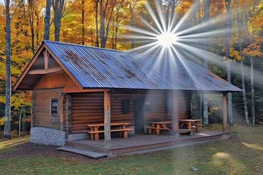 Sunbeams Illuminate Autumnal Log Cabin in Woods