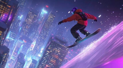 Snowboarder leaps over futuristic cityscape at night, illuminated by neon lights.