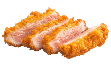 Crispy breaded meat slices, showcasing a golden crust with juicy pink interior, served in a stacked arrangement, Transparent background.