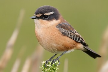 Fototapeta premium Cute Brown Bird Perched on Green Plant