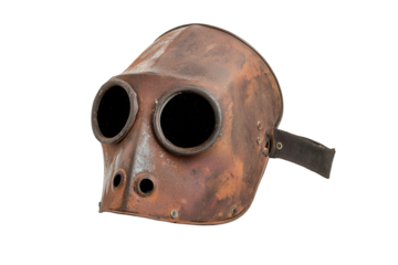A vintage gas mask with round lenses, exhibiting a weathered metallic surface and adjustable strap, Transparent background.