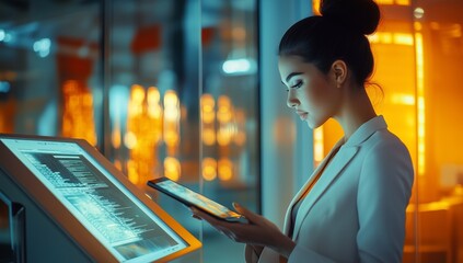 A professional woman in her late thirties, wearing business attire with an elegant bun hairstyle and light makeup, stands at the edge of a futuristic digital interface within a high-tech facility