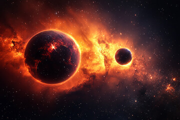 Obraz premium Stunning cosmic scene featuring two vibrant planets amidst a fiery nebula backdrop in space