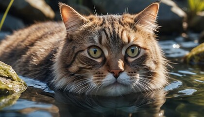 Brown Longhair Cat in Shallow Water
