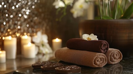 A luxurious spa setting, adorned with rich dark chocolate and fragrant candles, inviting guests to indulge in a moment of pure indulgence and relaxation.