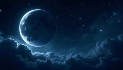 Obraz premium Crescent moon in night starry sky with fluffy clouds. Dark blue background with copy space