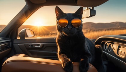 Cool Cat Wearing Sunglasses in Convertible Car at Sunset