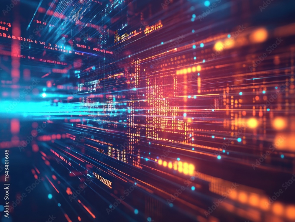 Poster abstract digital data flow with vibrant colors and light trails in a futuristic setting