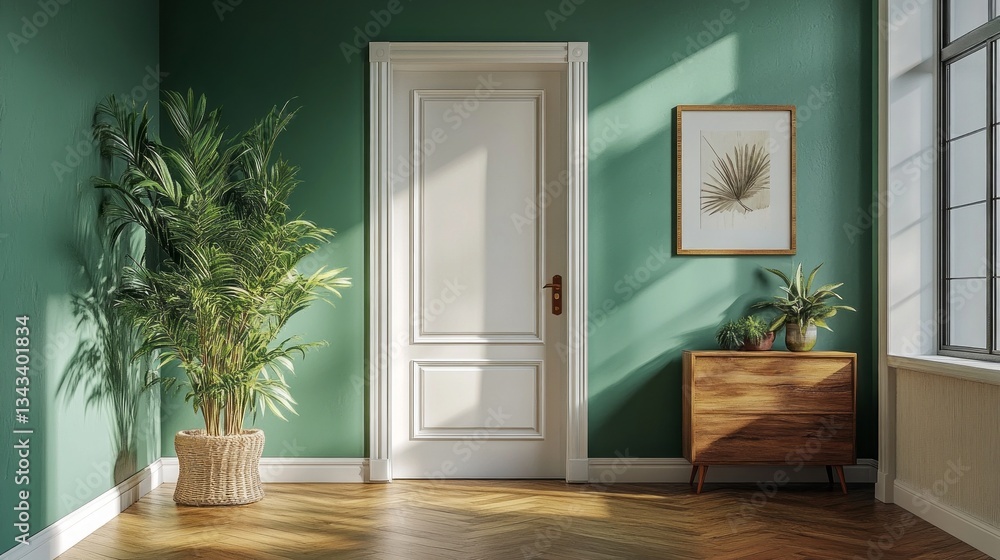 Poster sunlight streams through a large window, illuminating a stylish room featuring a vibrant green wall.