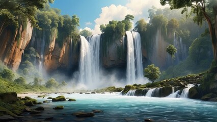 Obraz premium A stunning, serene waterfall cascades down a lush, green cliff into a clear,