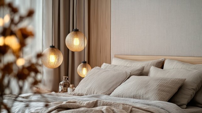 Fototapeta A tranquil bedroom scene featuring warm pendant lighting, styled with natural wood accents and a cozy bed with neutral linens