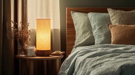 A tranquil bedroom scene with a soft amber light from a bedside table lamp, styled with layered bedding and wooden accents