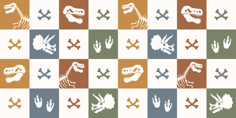 Dinosaurs Seamless Pattern. Checkered Cartoon Dinosaurs Seamless Repeat Design.  © cddesign.co