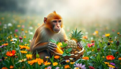 Fototapeta premium A primate amongst blossoms, delicately handling a bowl of tropical fruits in a vibrant meadow