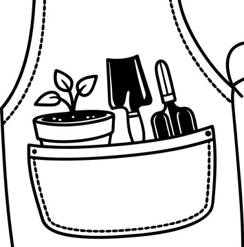 recommend clip art: Gardening apron with plant pot, shovel, and trowel simple line art for garden enthusiasts