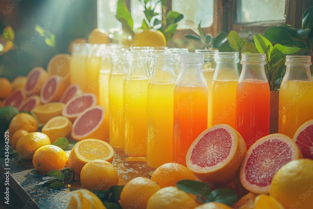 Poster freshly squeezed citrus juices in glass bottles displayed on a table