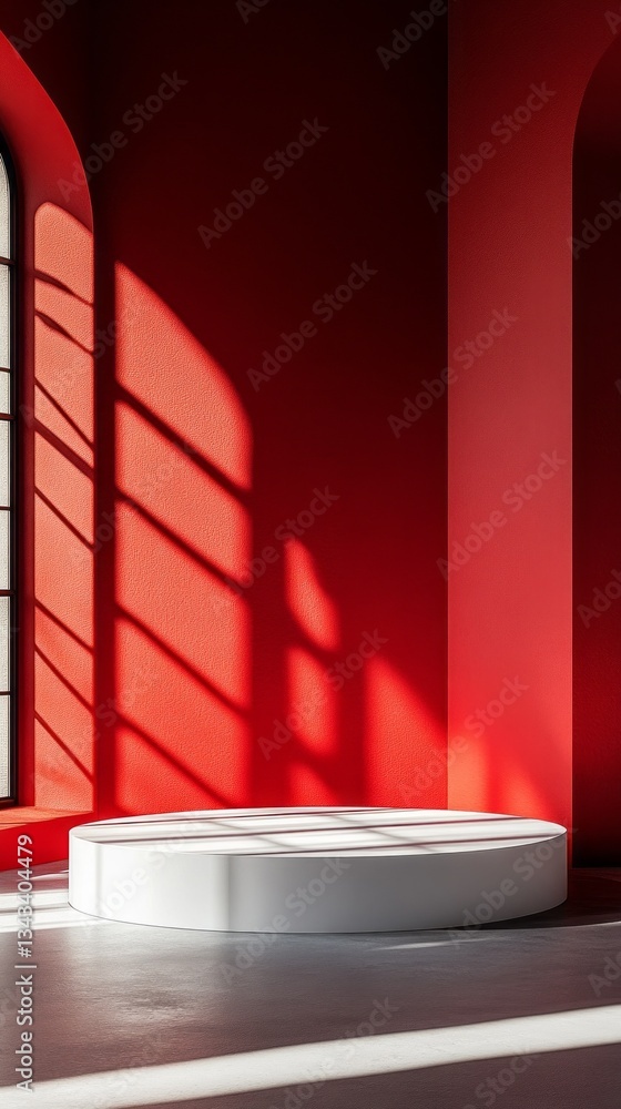 Poster warm sunlight streams through large windows, casting striking shadows on vibrant red walls. a sleek 