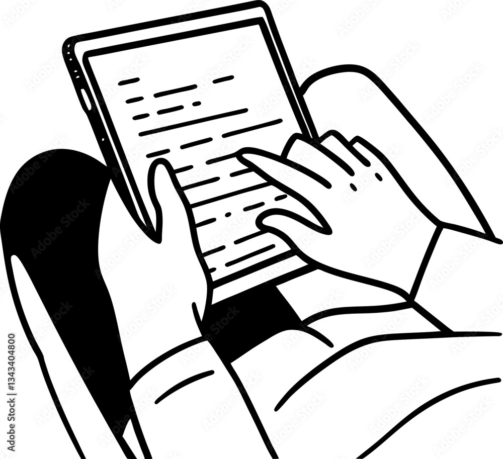 Poster hands using digital tablet technology, reading, touchscreen interaction, modern device usage, casual