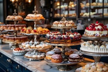 Exquisite multi-tiered display featuring a variety of delicious sweet and savory pastries and cakes