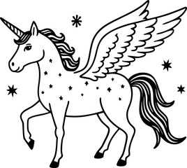 Whimsical unicorn with wings and stars in black and white illustration