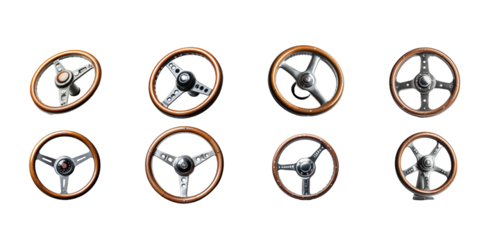 Collection of eight elegant wooden steering wheels with metallic spokes and hubs isolated on Transparent Background