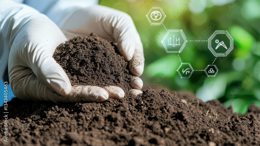 Poster close-up of soil and hands showing environmental research concepts for sustainable practices