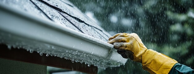 Roofer cleaning gutters for proper rain drainage in photo art