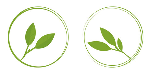 Green leaves logo with circle signs isolated on white background vector. 