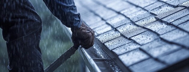 Roofer cleaning gutters for proper rain drainage in photo art