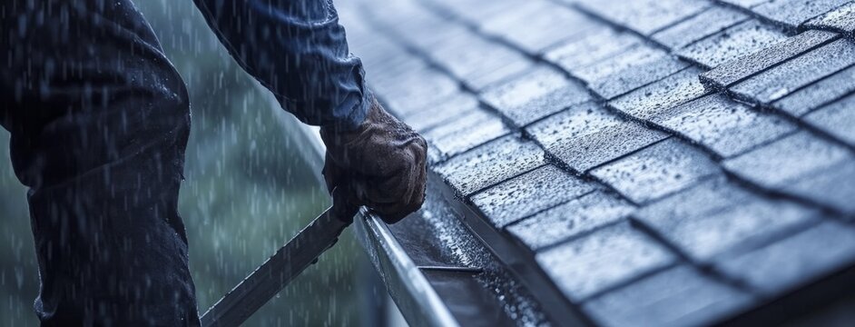 Roofer cleaning gutters for proper rain drainage in photo art