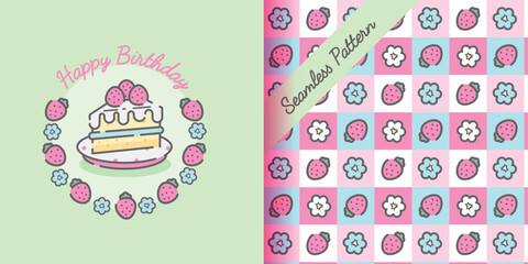 Cute kawaii birthday card with strawberry piece of cake and seamless pattern