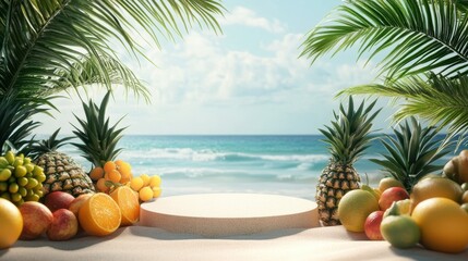 Tropical Paradise Setting with Fresh Fruits, Sea View, Coconut and Palm Leaves on Sandy Beach Background , copy space