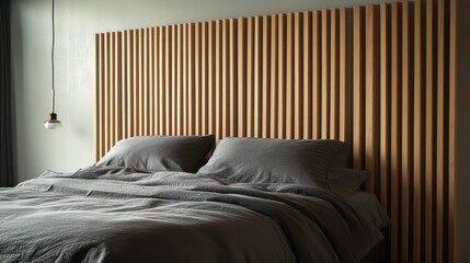 A wall-spanning headboard made from vertical wooden slats, extending beyond the width of the bed for a dramatic and unified look