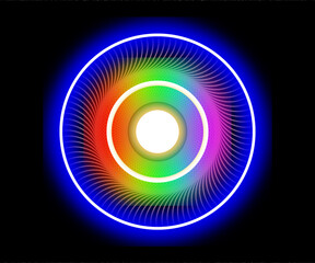 Abstract vibrant circular light burst, radiating rainbow hues from central glow, dark background