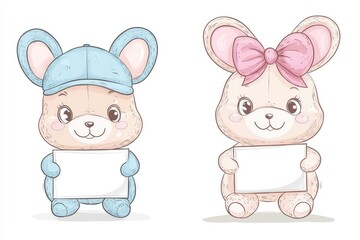 Fototapeta premium Two adorable cartoon animal characters holding blank rectangular cards
