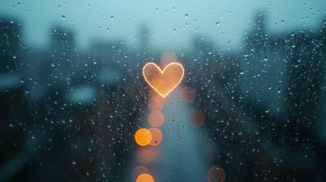 Fogged Window with Heart Drawing in Rain