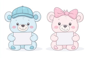 Fototapeta premium Two cartoon teddy bear characters holding blank white signs