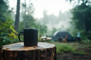 A peaceful campsite with a coffee mug on a tree stump, a thick layer of morning fog blanketing the surroundings, with 30% copy space for text 