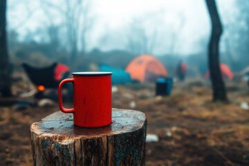 A peaceful campsite with a coffee mug on a tree stump, a thick layer of morning fog blanketing the surroundings, with 30% copy space for text 