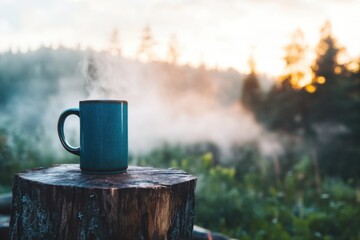 A peaceful campsite with a coffee mug on a tree stump, a thick layer of morning fog blanketing the surroundings, with 30% copy space for text 