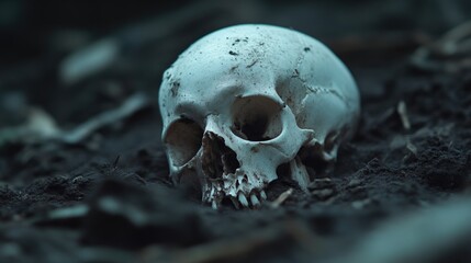 A skull resting in dark earth. Close-up view of a pale skull, partially buried in the ground. Visible are bone textures, and a shadowy, muted surrounding