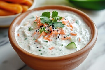 Carrot and Cucumber Raita in Rustic Clay Bowl with Fresh Garnish and Sesame Seeds