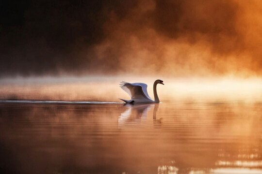 The solitary swan and its cygnet reflect peace in nature's parkland.