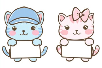 Two cartoon kittens holding blank signs on a white background