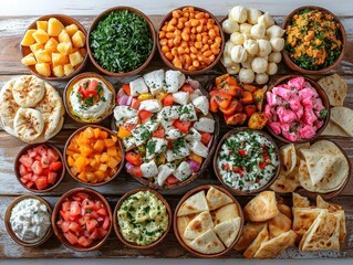 Fototapeta premium Beautiful and colorful middle eastern mezze spread arranged on a rustic table with various delicious dishes