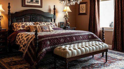 An elegant vintage bedroom with a dark mahogany bed frame, a richly patterned quilt, and a small chandelier above a tufted bench at the foot of the bed
