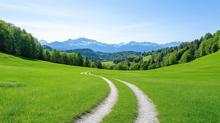 Serene mountain valley pathway. Lush green meadows and trees meet distant snow-capped peaks under a clear sky