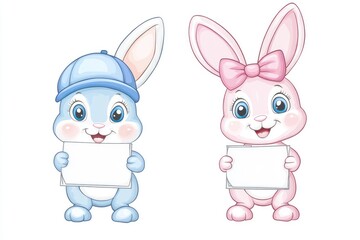Adorable cartoon rabbits holding blank signs and smiling happily