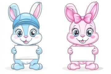 Cute Cartoon Rabbits Holding Blank Signs On White Background